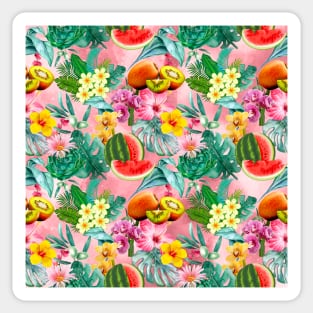 Vibrant tropical leaves pattern, watermelon illustration, tropical plants, pink colorful tropical fruits Sticker